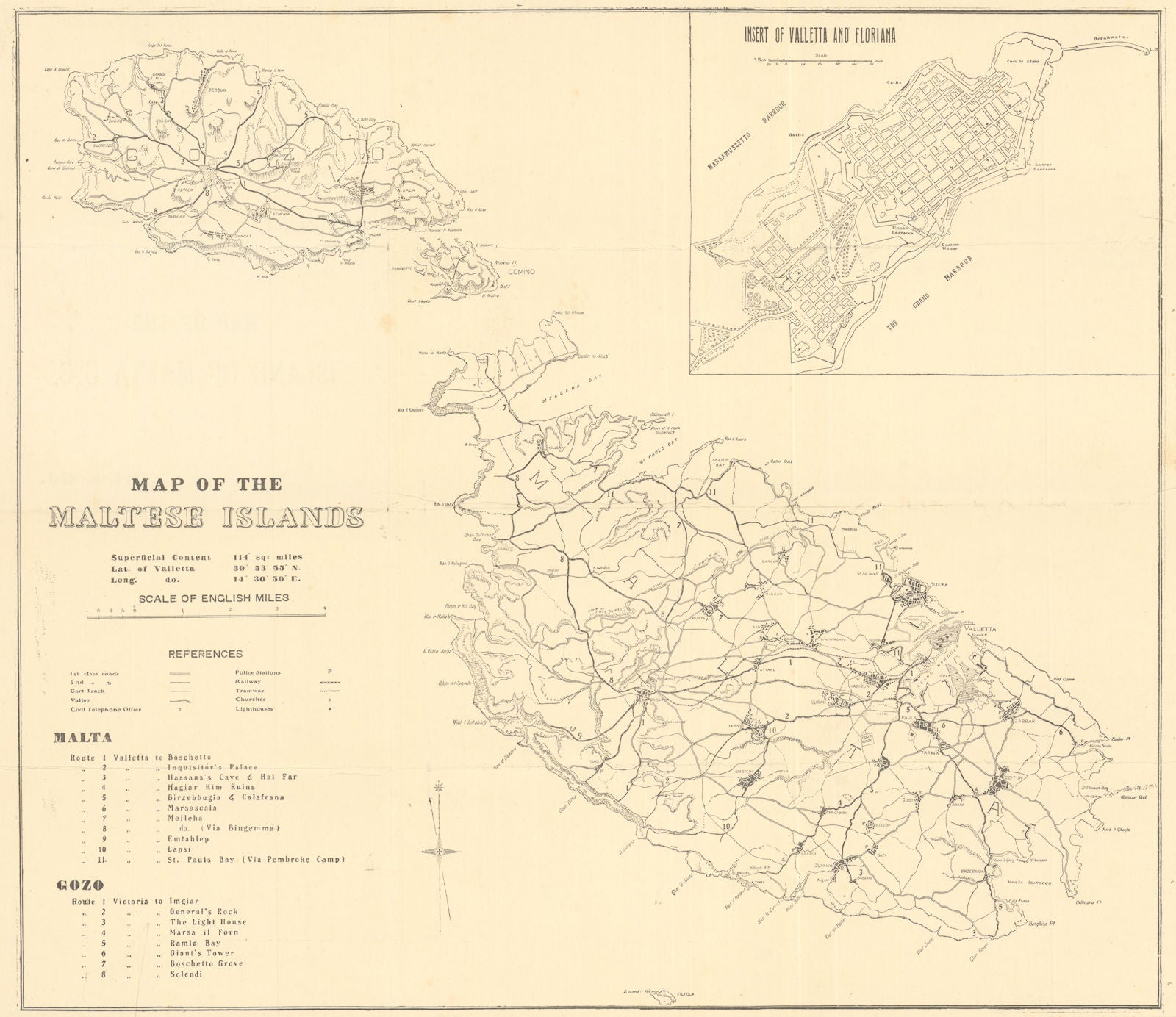 Map of the Maltese Islands. Valletta and Floriana. Giovanni Muscat 1925